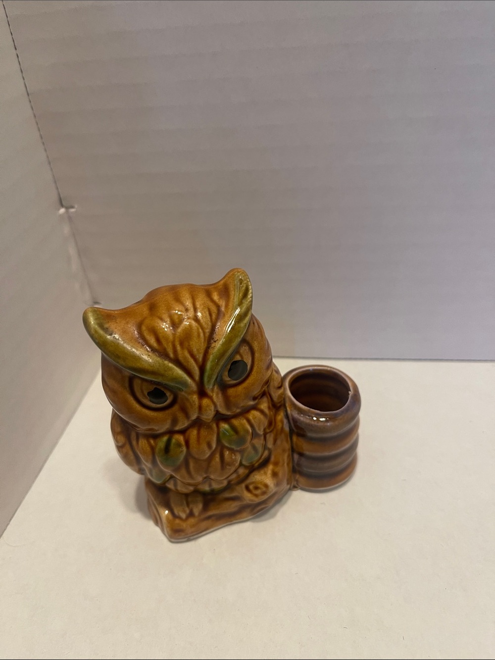 Vintage 1970s Ceramic Owl Toothpick Holder in Brown and Green